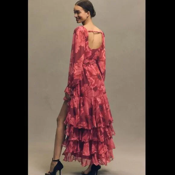 NEW Hutch Kya Long-Sleeve V-Neck Printed Tiered Wrap Maxi Dress Red Small